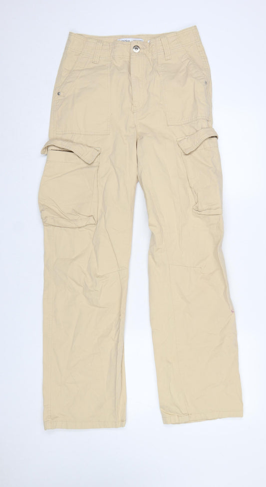 Bershka Womens Beige Cargo Trousers Size 8 Cotton Mid Rise