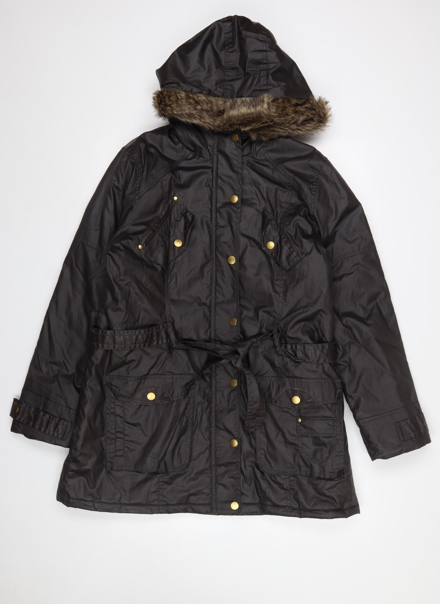 Peacocks Women Brown Faux Fur Hooded Parka Coat Size 16