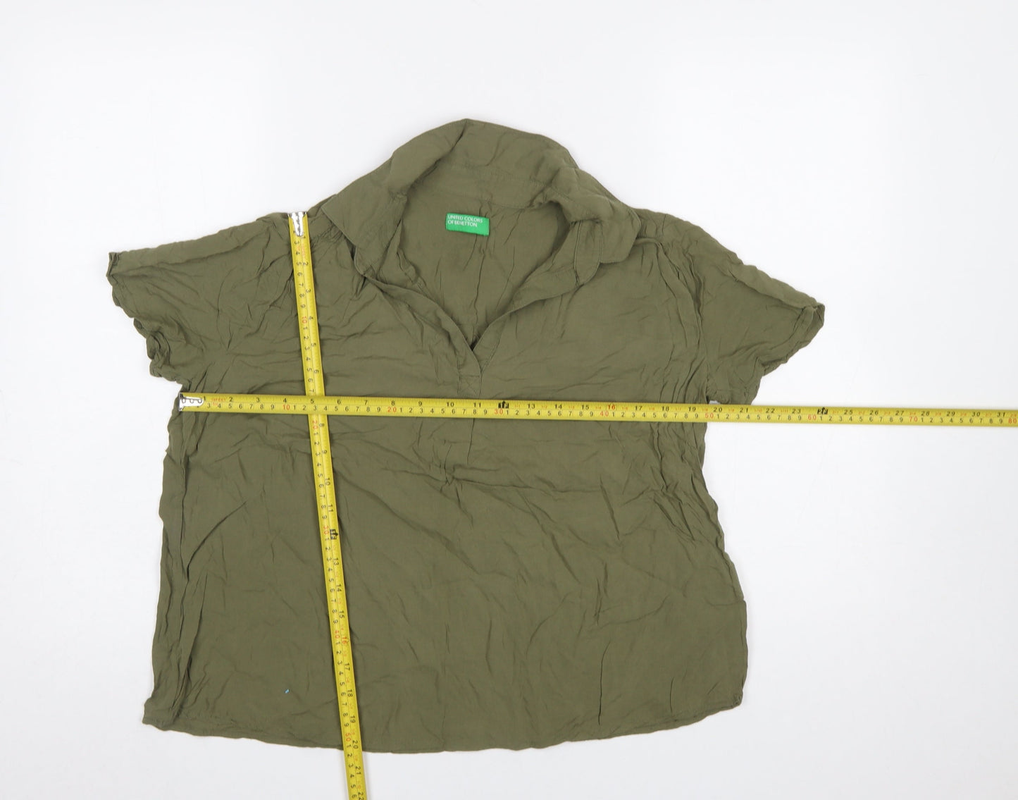 United Colors of Benetton Women Green Collared Short Sleeve Blouse Size 12