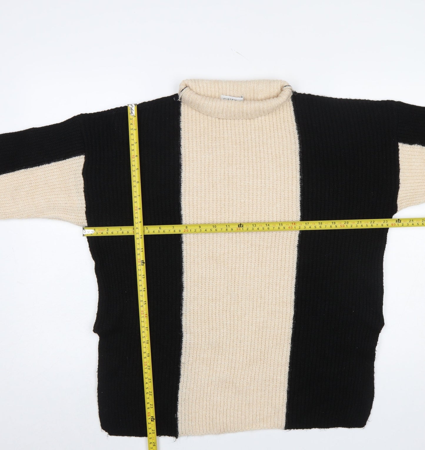Gallery Women’s Black Beige Striped Mock Neck Chunky Knit Jumper Size M