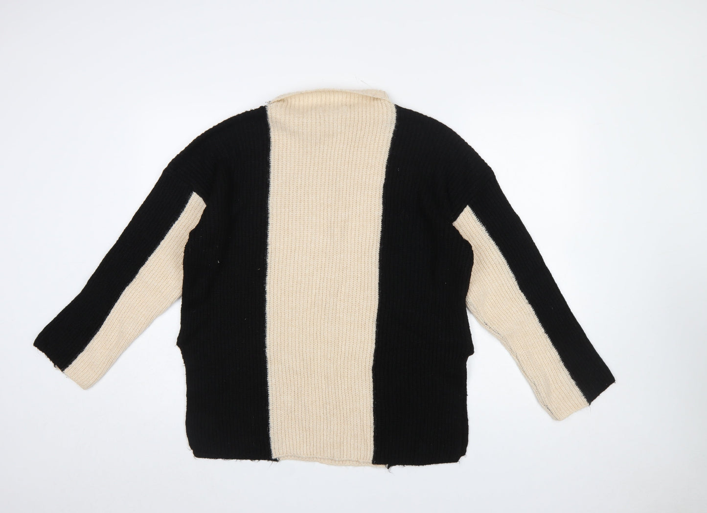 Gallery Women’s Black Beige Striped Mock Neck Chunky Knit Jumper Size M