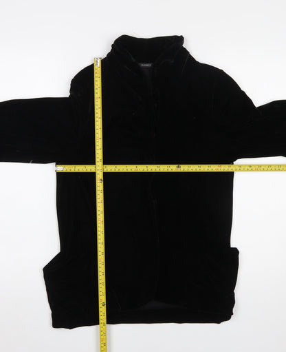 Back view of Dunnes women’s black velvet mid-length jacket, size UK 12