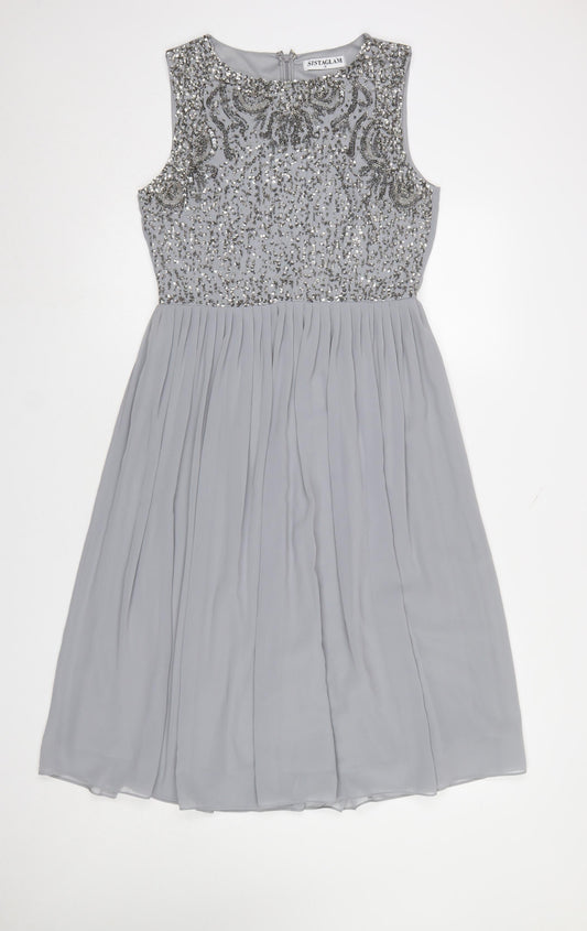Sistaglam Women Grey Beaded A-Line Sleeveless Knee Length Dress Size 12