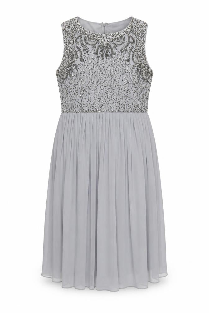 Sistaglam Women Grey Beaded A-Line Sleeveless Knee Length Dress Size 12