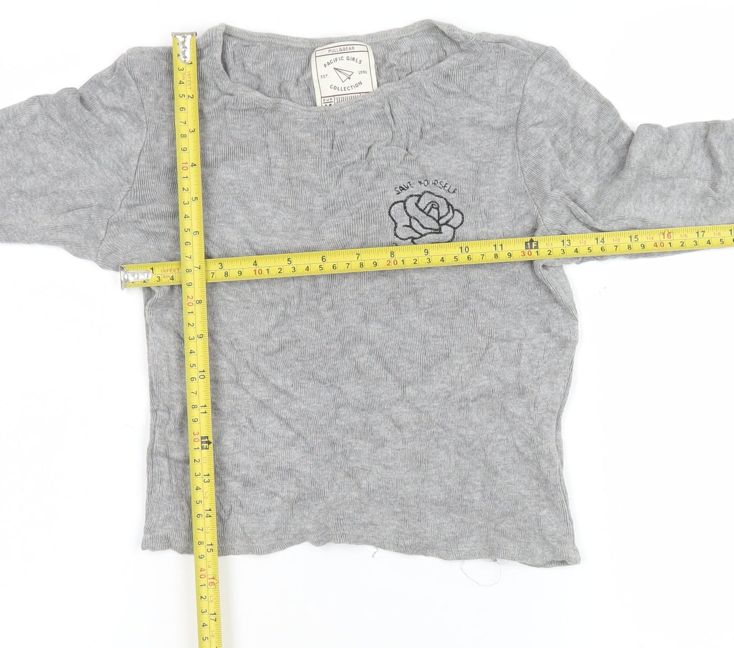 Pull&Bear Women Grey Cropped Long Sleeve Embroidered T-Shirt Size 12