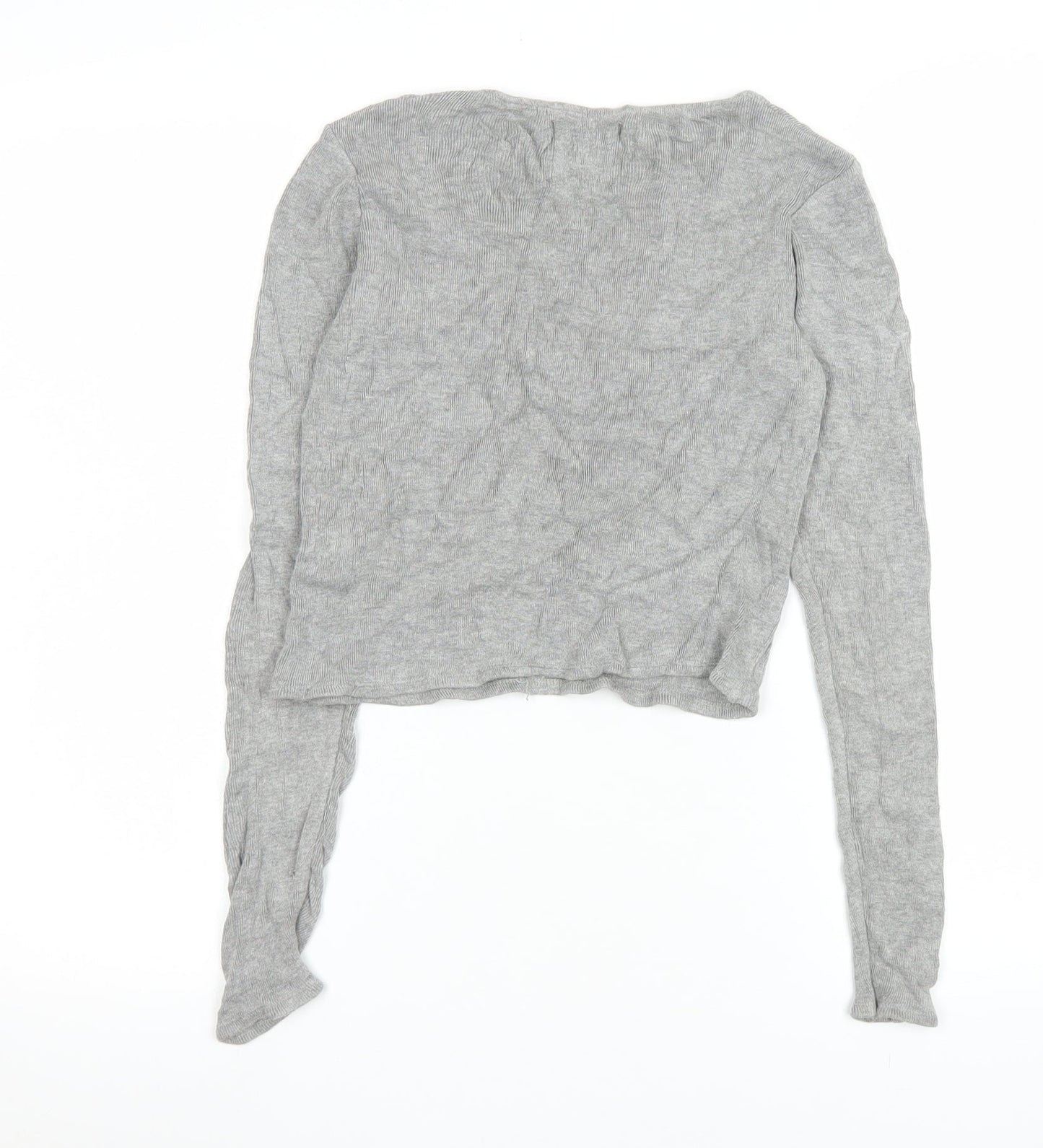Pull&Bear Women Grey Cropped Long Sleeve Embroidered T-Shirt Size 12