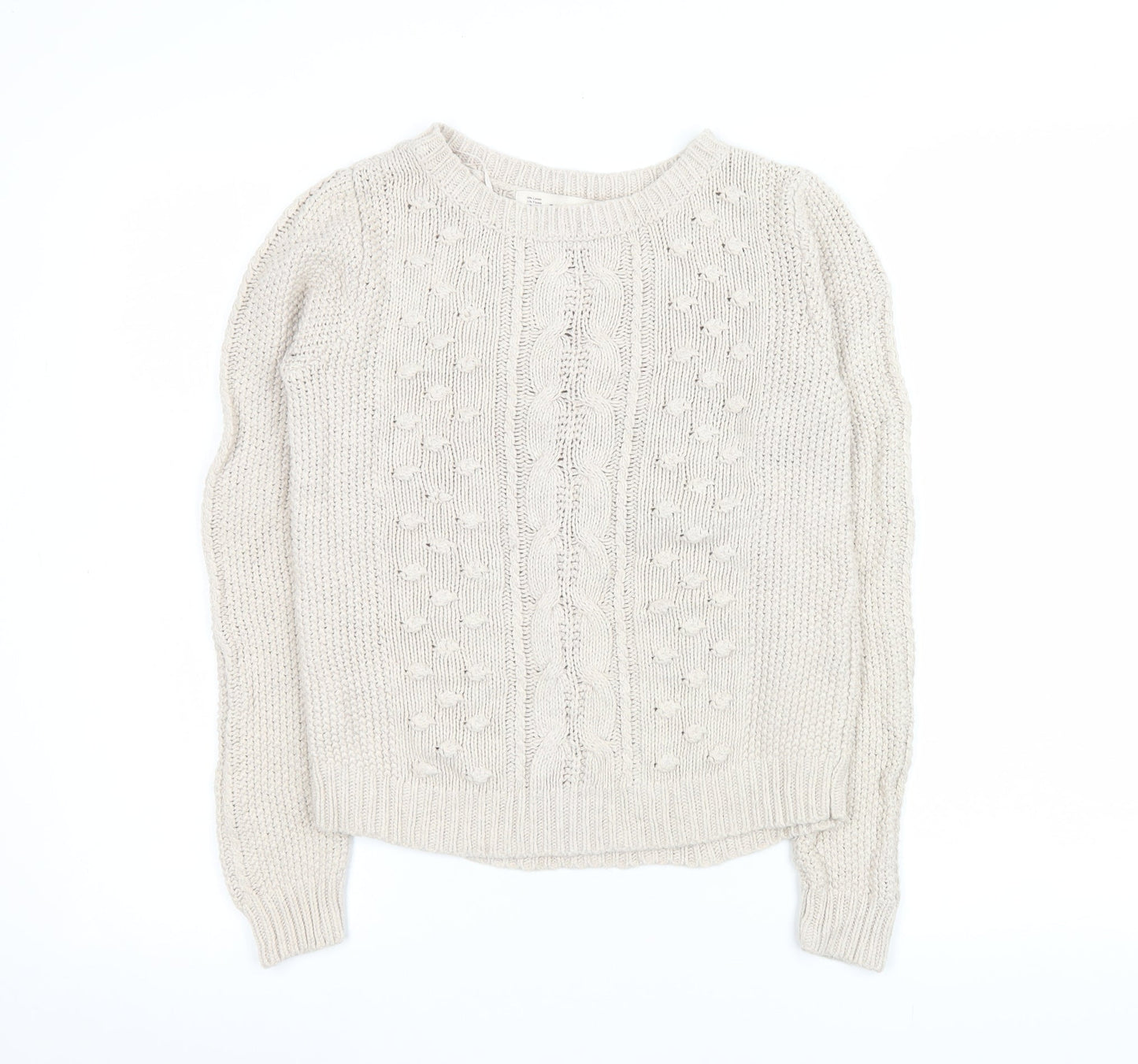 Zara Women Beige Cable Knit Crew Neck Pullover Jumper Size 14