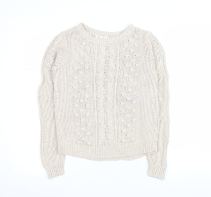 Zara Women Beige Cable Knit Crew Neck Pullover Jumper Size 14