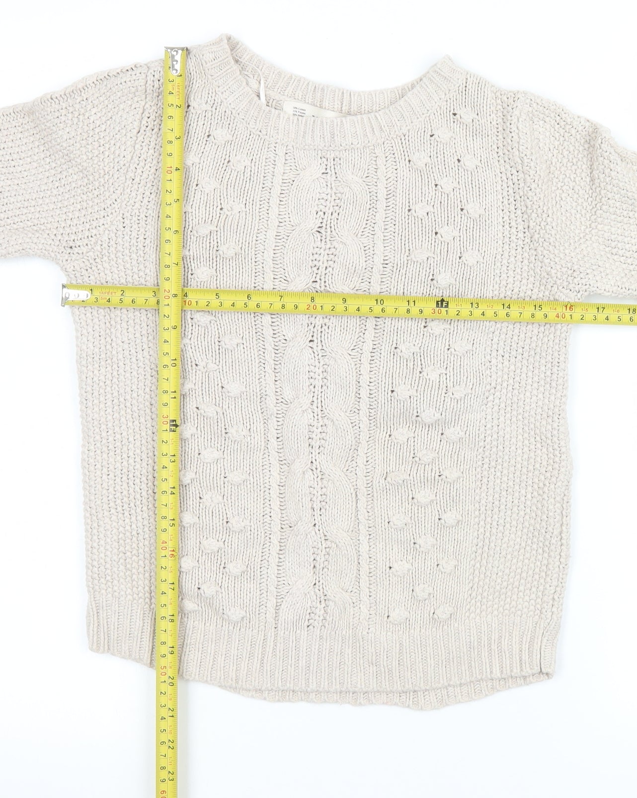 Zara Women Beige Cable Knit Crew Neck Pullover Jumper Size 14