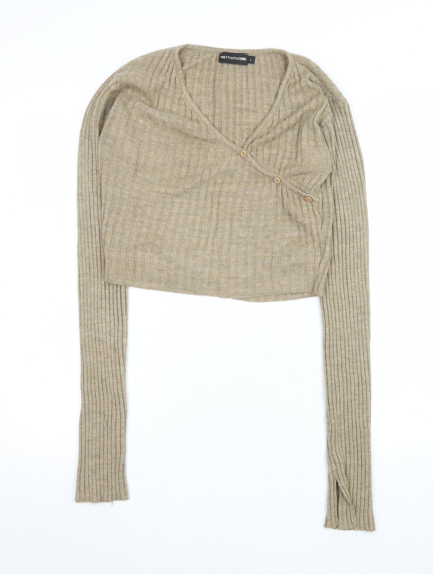 PrettyLittleThing Women’s Beige Ribbed Cropped Button Knit Top Size L