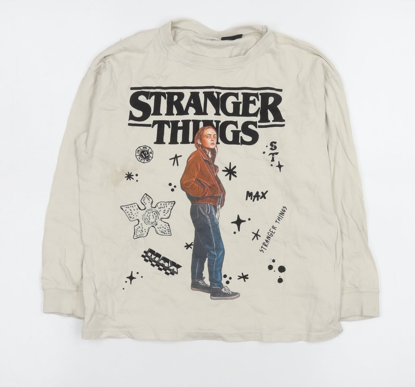 ZARA Girls Beige Stranger Things Long Sleeve Pullover T-Shirt 8-9 Years