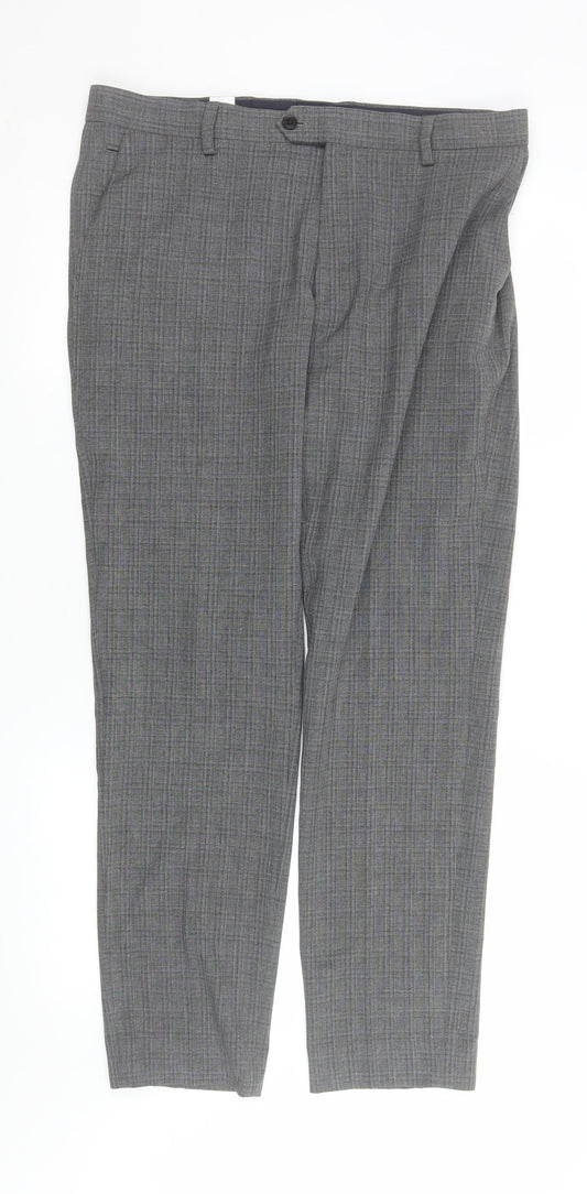 Next Men's Grey Check Dress Pants 34L Slim Fit Formal Trousers