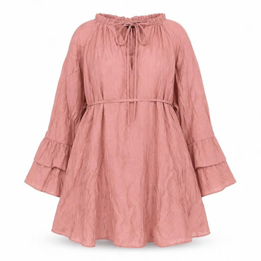 F&F Women Pink Knee Length Shift Dress Size 10 Boho Tie Neck Long Sleeve