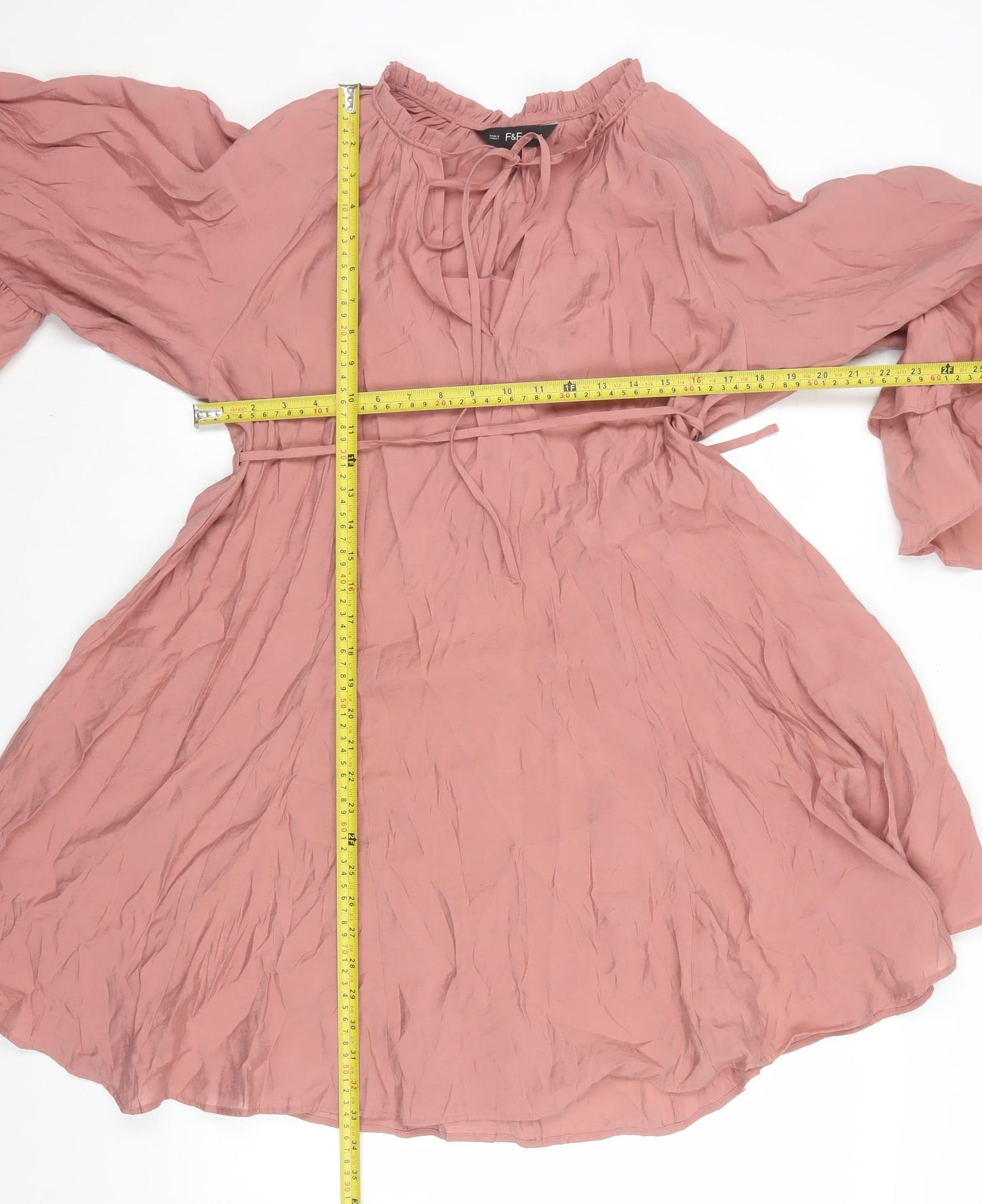 F&F Women Pink Knee Length Shift Dress Size 10 Boho Tie Neck Long Sleeve