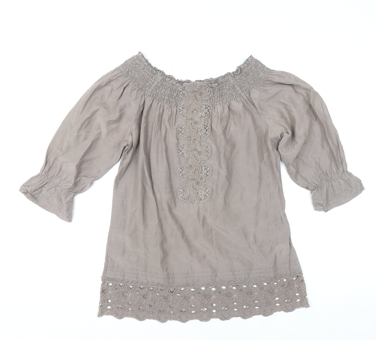 Warehouse Womens Beige 3/4 Sleeve Off Shoulder Cotton Silk Bohemian Blouse Size 8