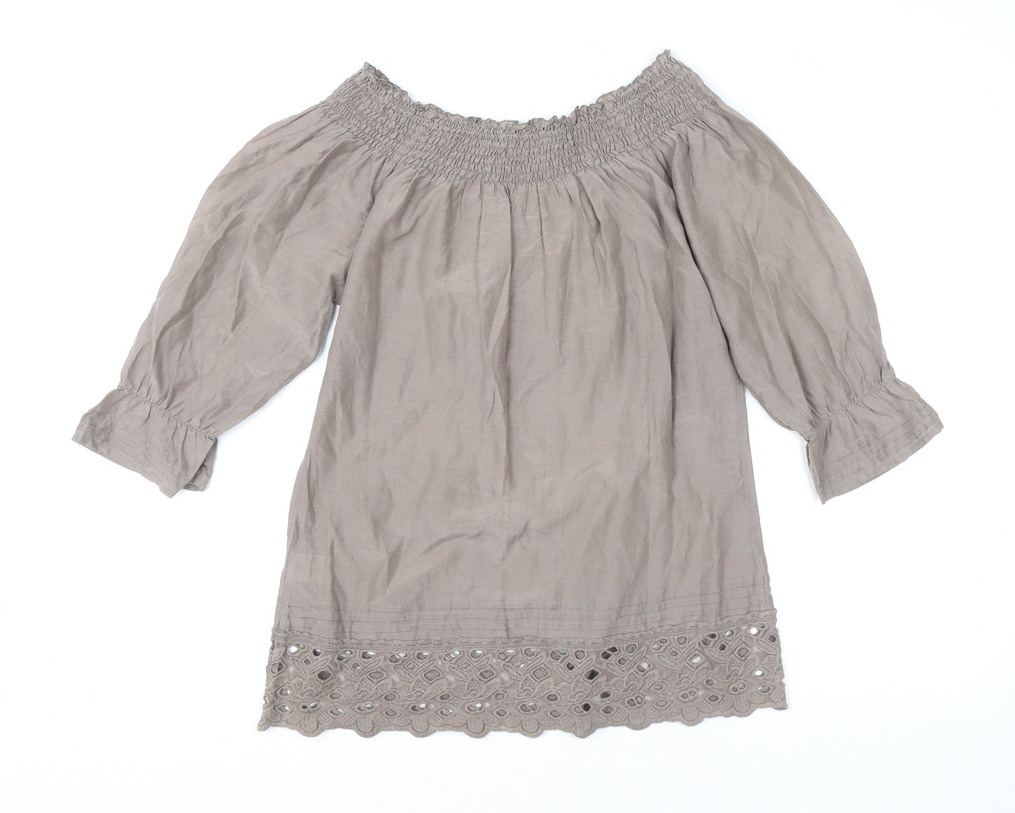 Warehouse Womens Beige 3/4 Sleeve Off Shoulder Cotton Silk Bohemian Blouse Size 8
