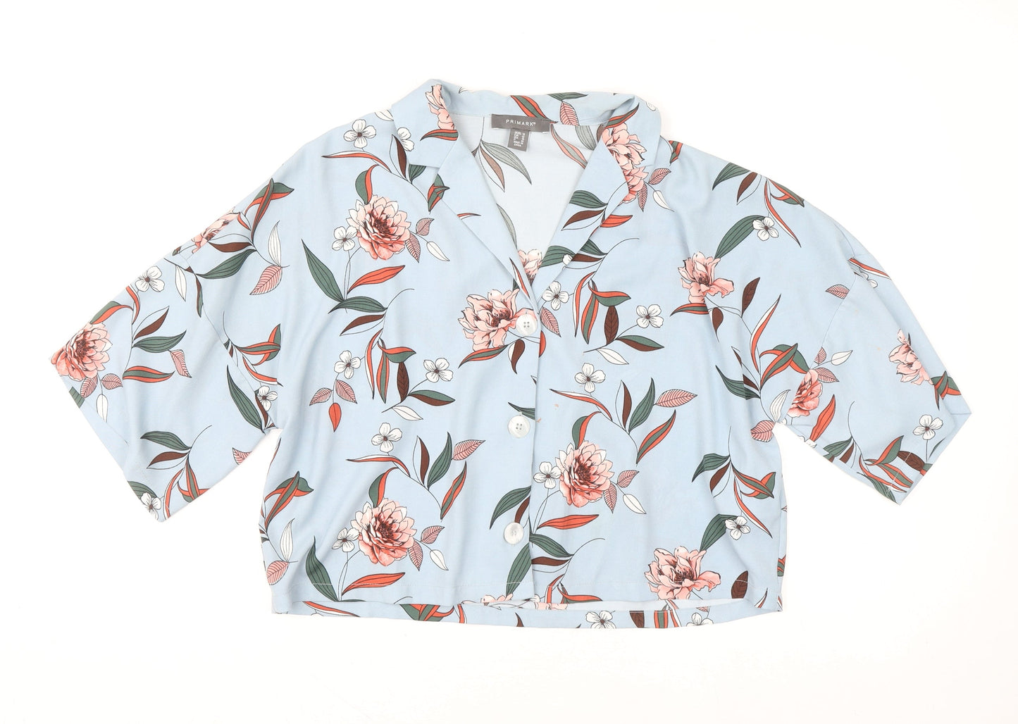 Primark Womens Blue Floral Cropped Blouse Size 14 Collared Button Up