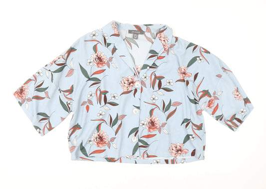 Primark Womens Blue Floral Cropped Blouse Size 14 Collared Button Up