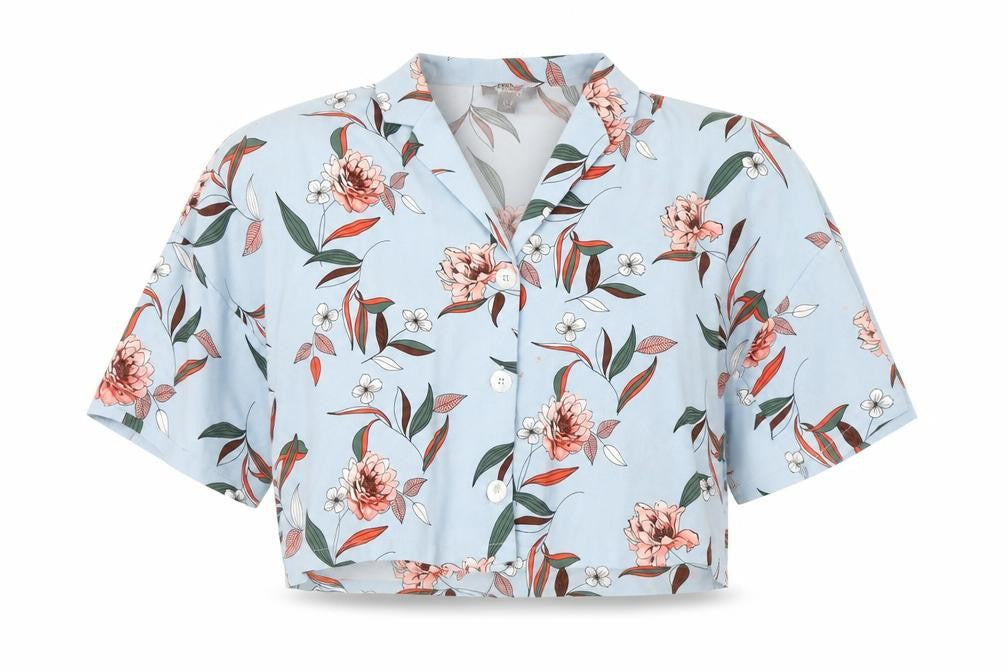 Primark Womens Blue Floral Cropped Blouse Size 14 Collared Button Up
