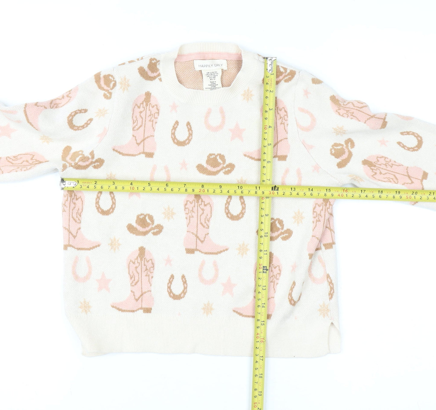 Happily Grey Girls Beige Pink Western Pullover Jumper 11-12 Years