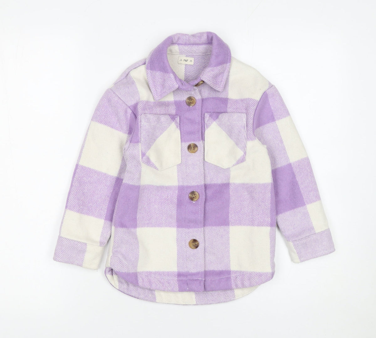 F&F Girls Purple Check Shirt Jacket 5-6 Years Lined Button Front