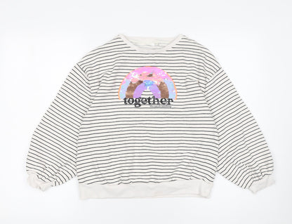 Additional front view of Next girls’ beige striped sequin pullover sweatshirt 11 years 146cm