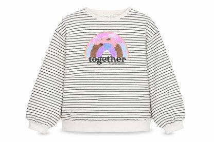 Front view of Next girls’ beige striped sequin pullover sweatshirt 11 years 146cm