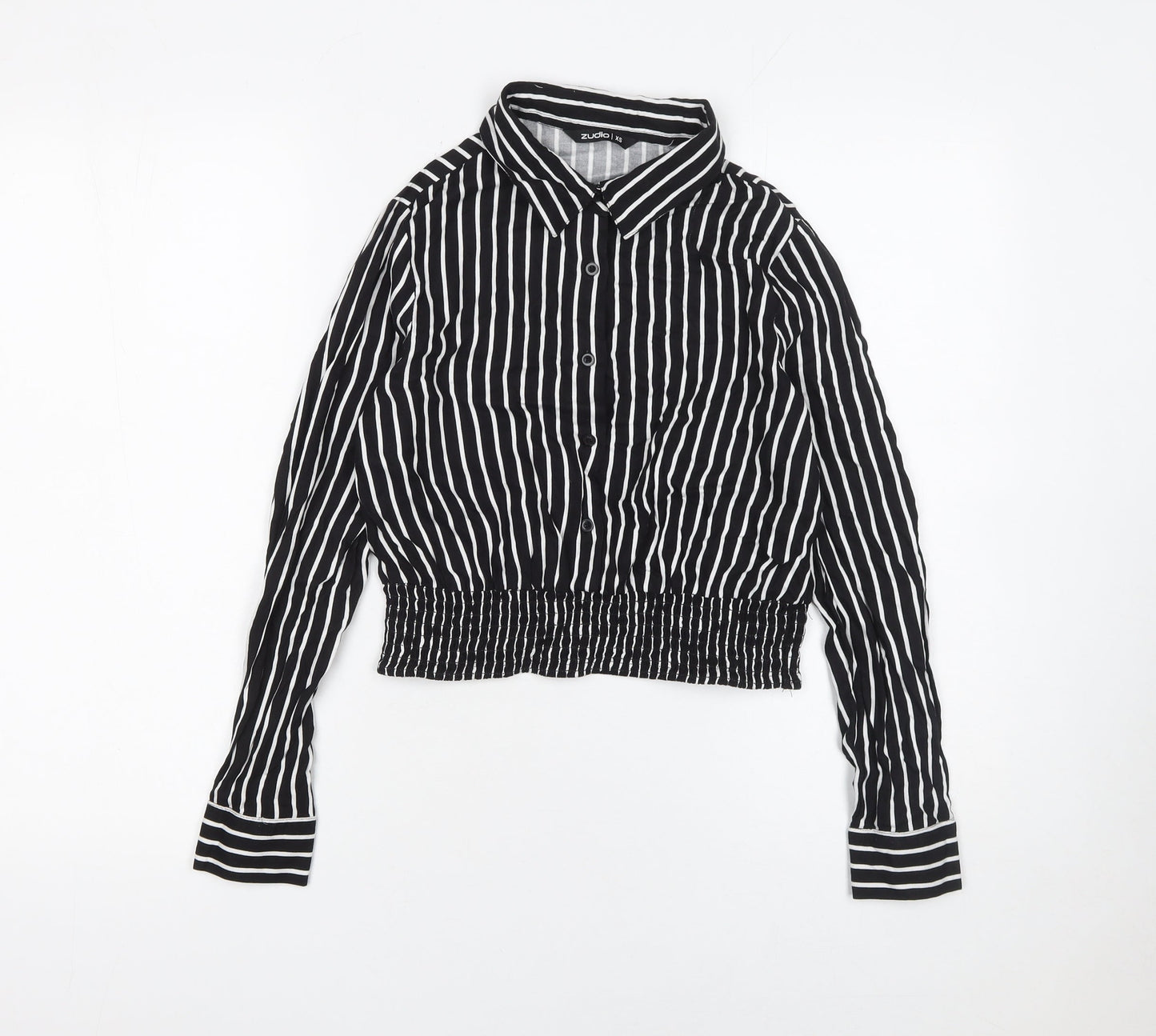 Zudio Womens Black Striped Cropped Blouse XS Collared Long Sleeve