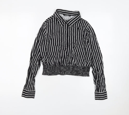 Zudio Womens Black Striped Cropped Blouse XS Collared Long Sleeve