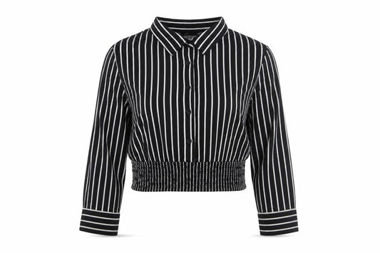 Zudio Womens Black Striped Cropped Blouse XS Collared Long Sleeve