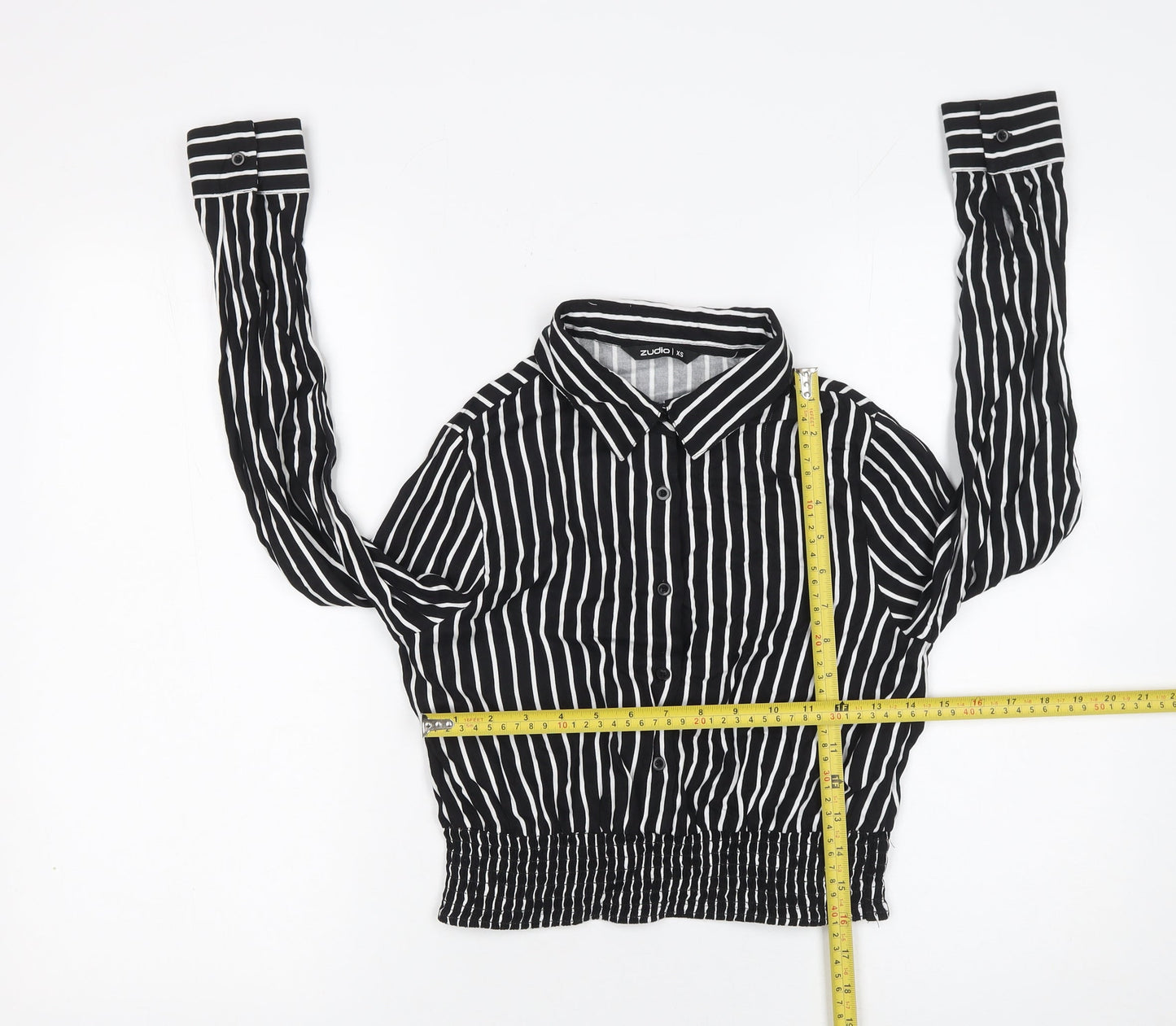 Zudio Womens Black Striped Cropped Blouse XS Collared Long Sleeve