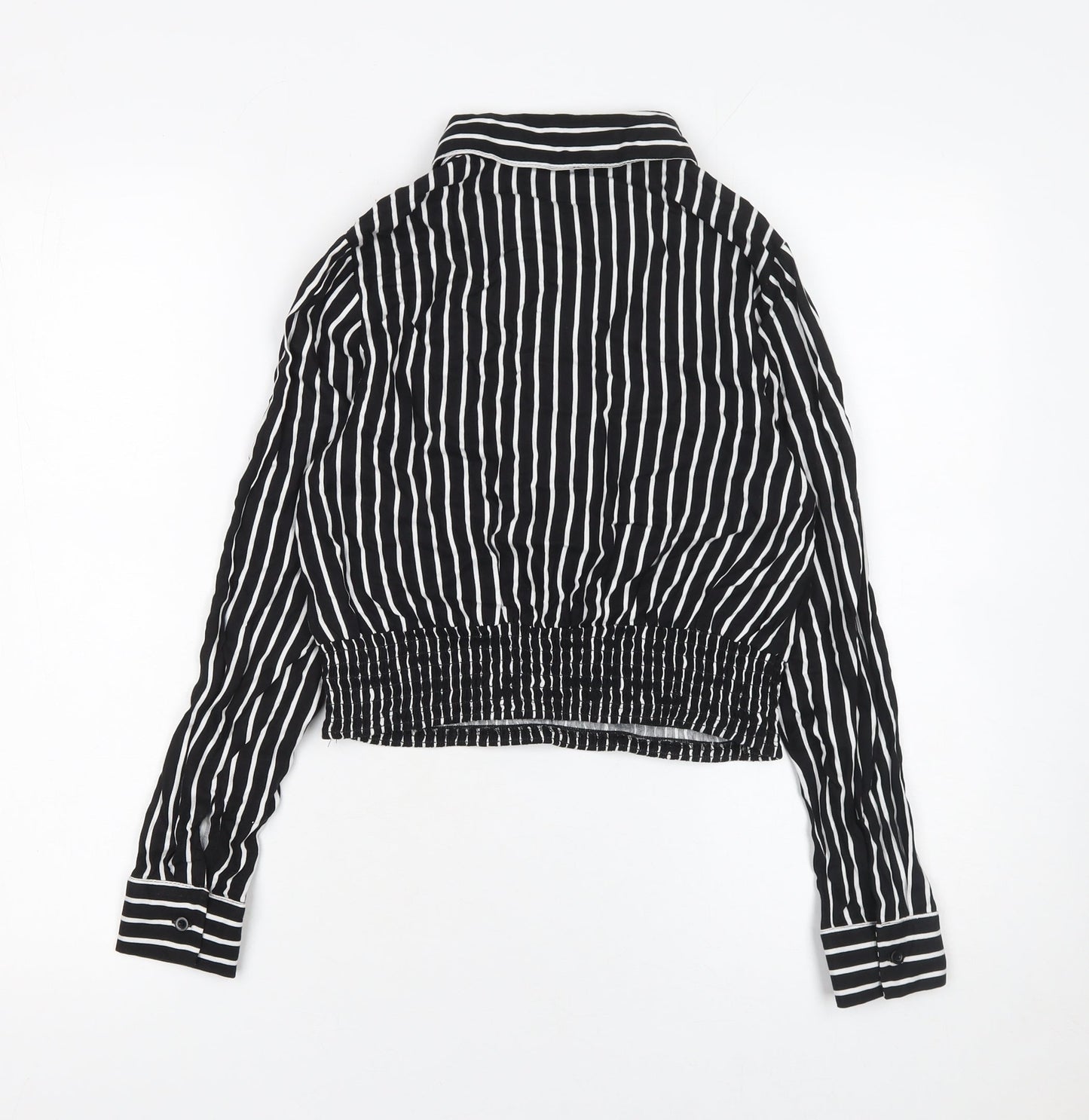Zudio Womens Black Striped Cropped Blouse XS Collared Long Sleeve