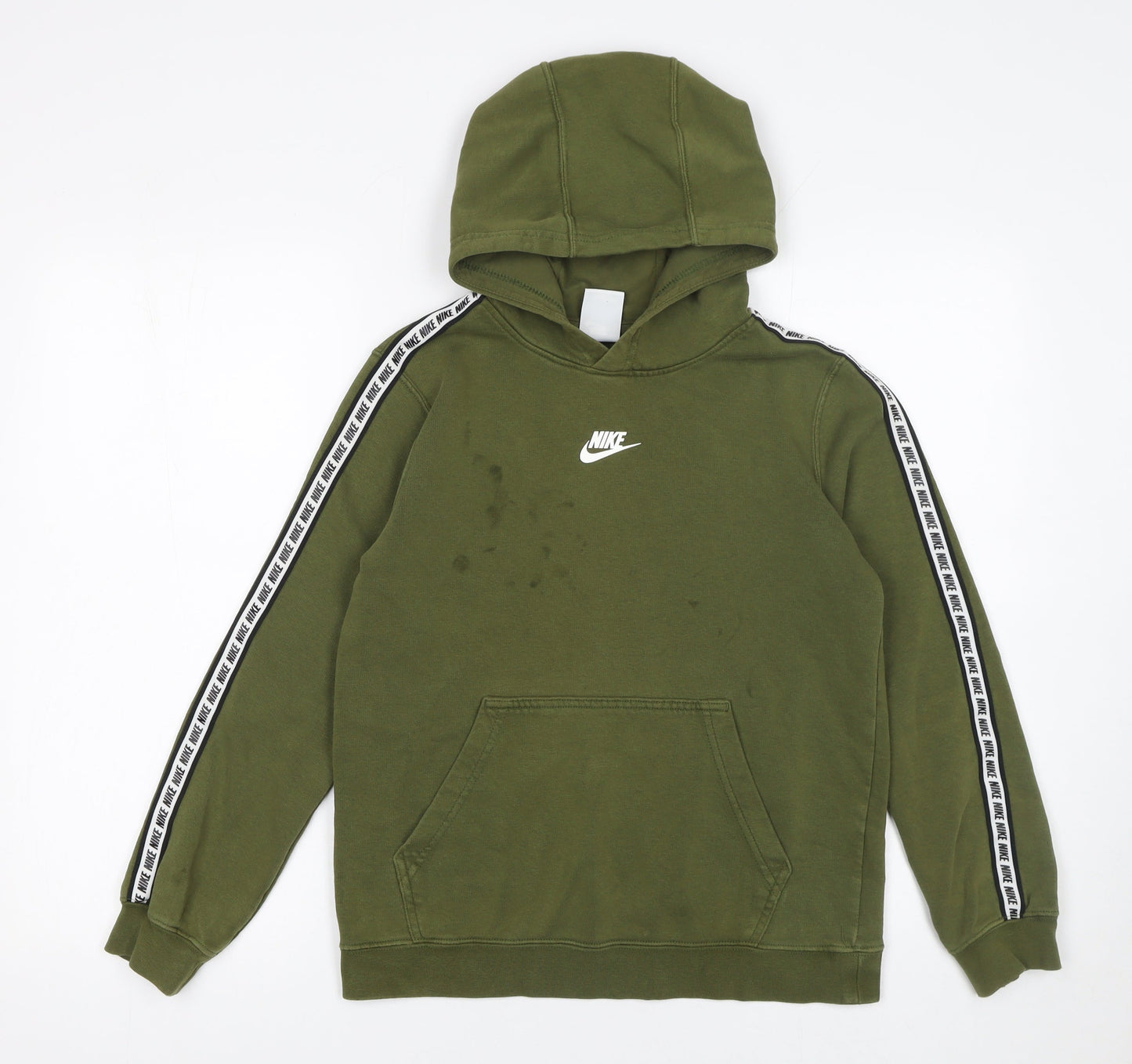 Nike Boys Green Pullover Hoodie Logo Tape Trim L 13-14 Years Fleece