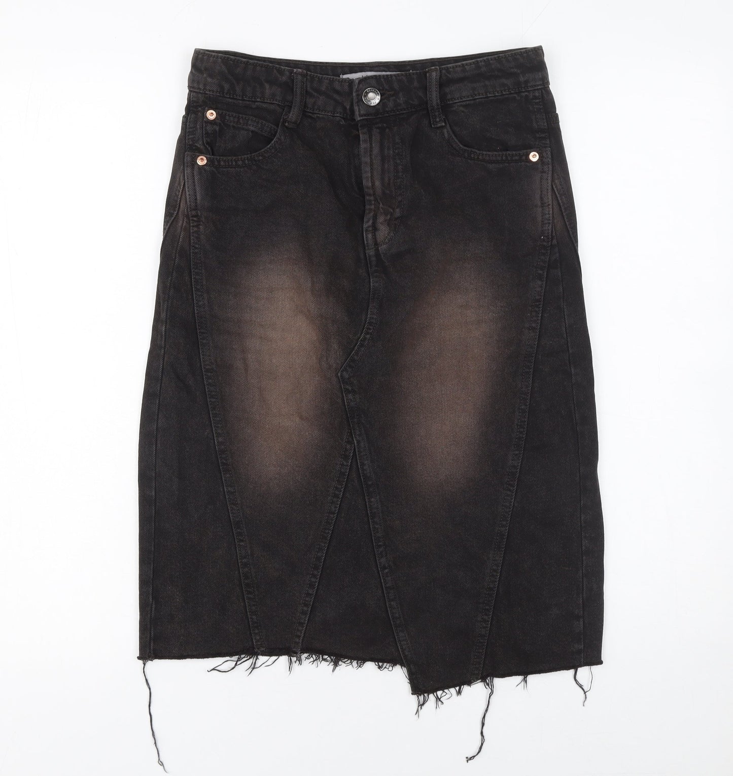 Bershka Womens Black Denim Pencil Skirt Size 6 High Rise Stretch