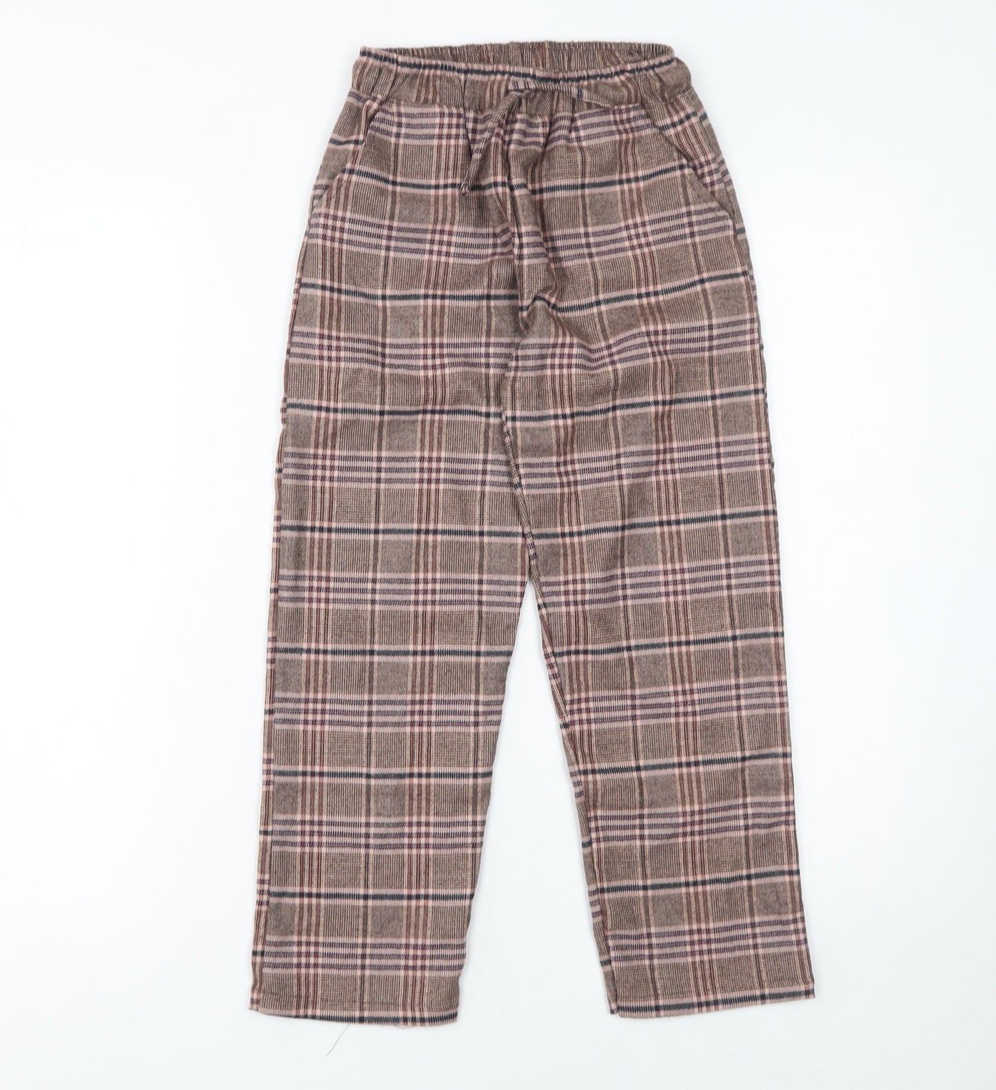 Next Girls Brown Check Trousers 8 Years Elastic Waist Wool Blend Warm