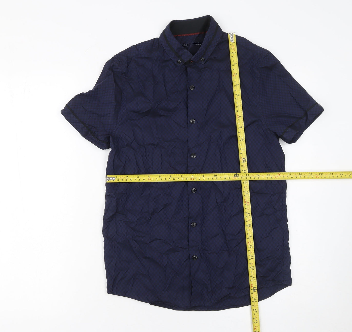 Next Boys Navy Check Short Sleeve Button-Up Shirt 13 Years 100% Cotton