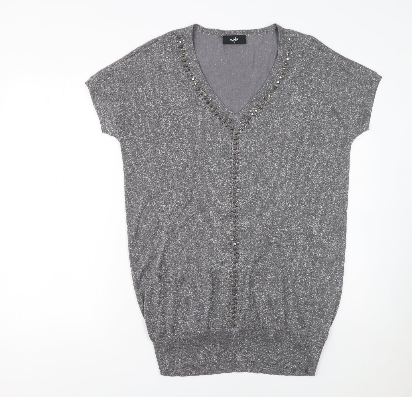 Wallis Women's Grey Beaded V-Neck Short Sleeve Jumper Size S
