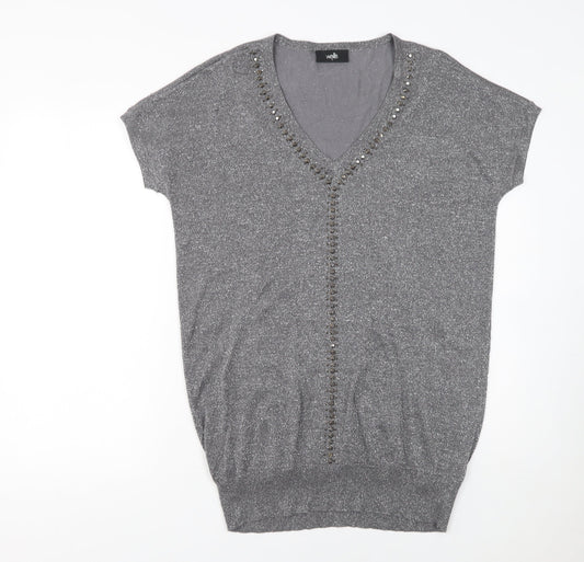 Wallis Women's Grey Beaded V-Neck Short Sleeve Jumper Size S