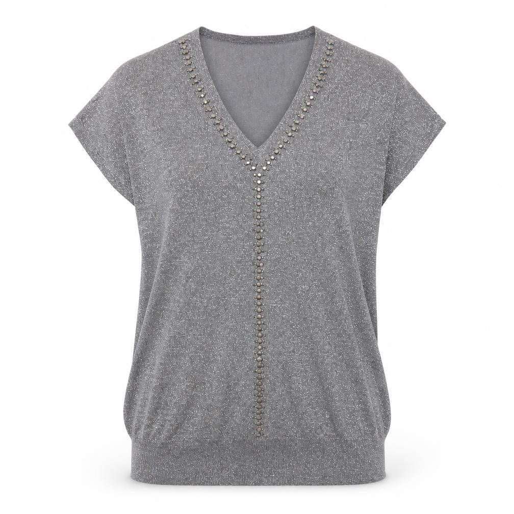 Wallis Women's Grey Beaded V-Neck Short Sleeve Jumper Size S
