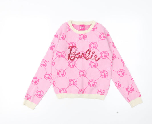 Very Girls Pink Barbie Sequin Pullover Jumper 8-9 Years Knit Crew Neck