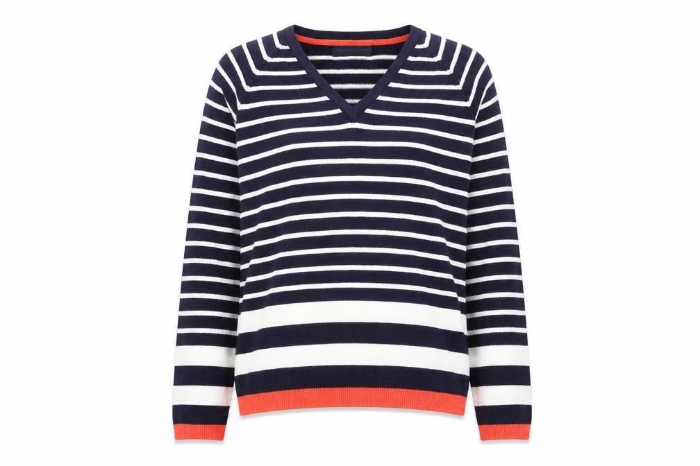 Marks & Spencer Women’s Blue Striped Acrylic V-Neck Jumper Size 14