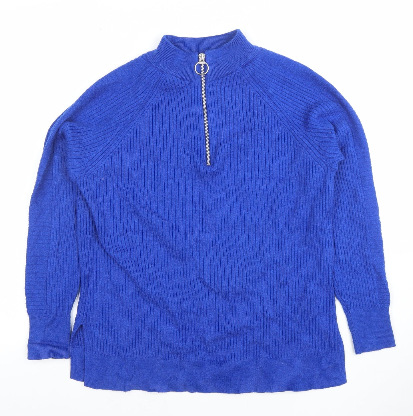 Marks and Spencer Women Blue Mock Neck Half Zip Ribbed Jumper Size M