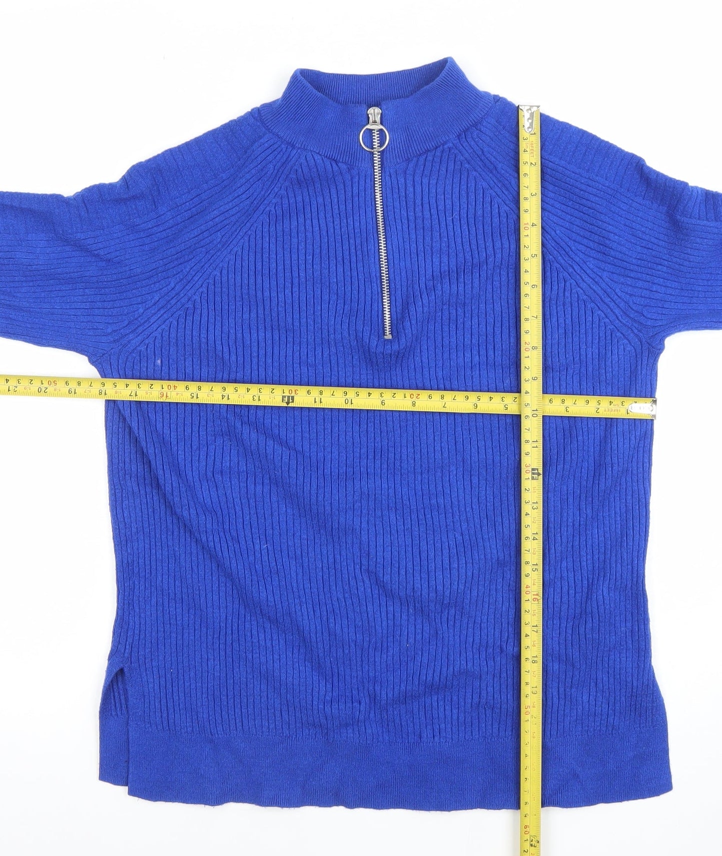 Marks and Spencer Women Blue Mock Neck Half Zip Ribbed Jumper Size M