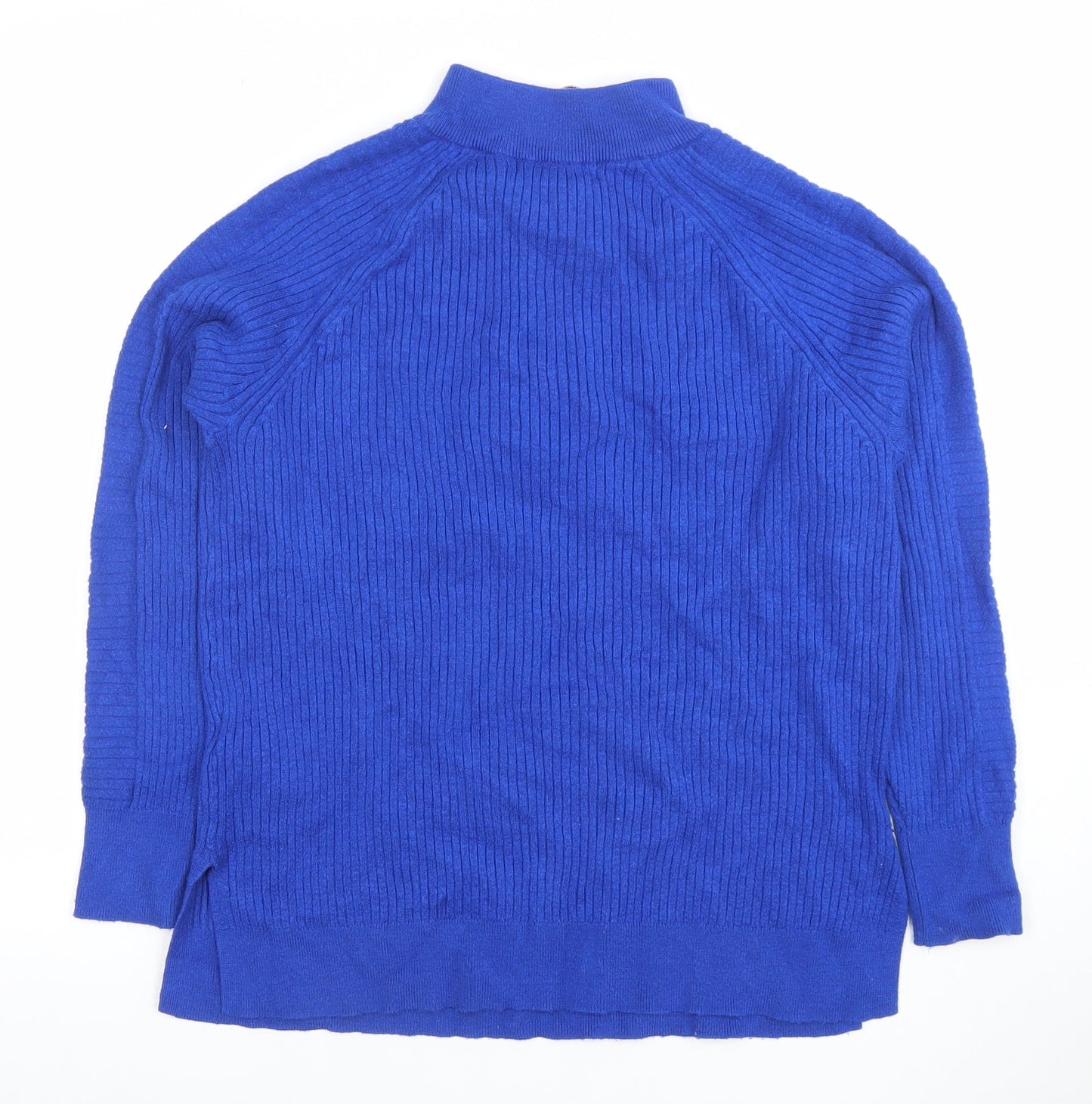 Marks and Spencer Women Blue Mock Neck Half Zip Ribbed Jumper Size M