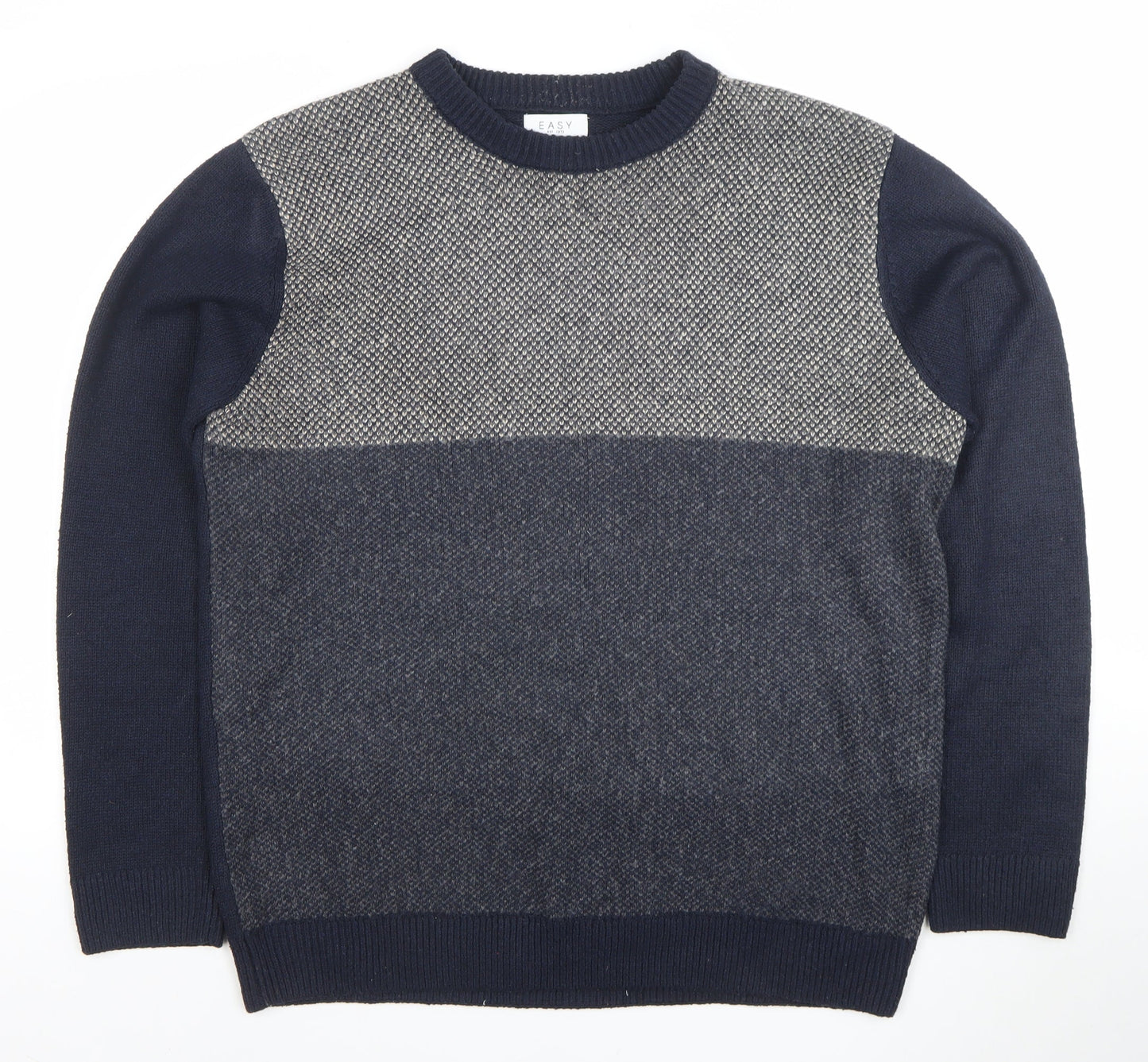 EASY Men's Blue Geometric Knit Crew Neck Pullover Jumper L
