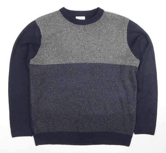 EASY Men's Blue Geometric Knit Crew Neck Pullover Jumper L