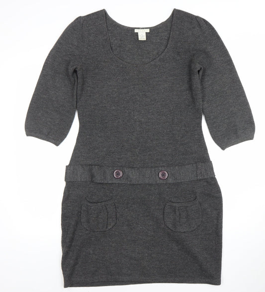 TWEEDS Women’s Grey Knit Jumper Dress M 3/4 Sleeve Scoop Neck
