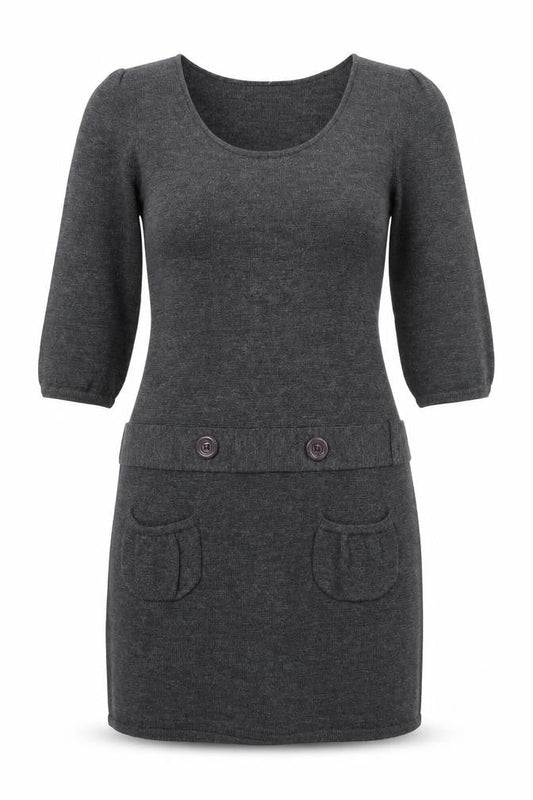 TWEEDS Women’s Grey Knit Jumper Dress M 3/4 Sleeve Scoop Neck