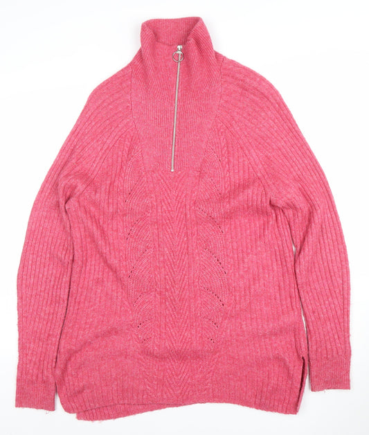 Marks and Spencer Women's Pink High Neck Half Zip Wool Jumper Size M
