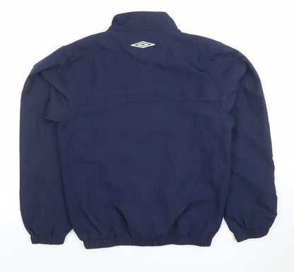 Close-up detail of Umbro boys’ blue full zip track jacket, size 13, years sports football coat